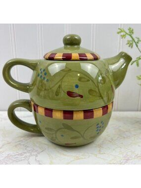 2002 Debbie Segura Designs Stackable Teapot With Cup Stoneware 8 Oz Green Olivia